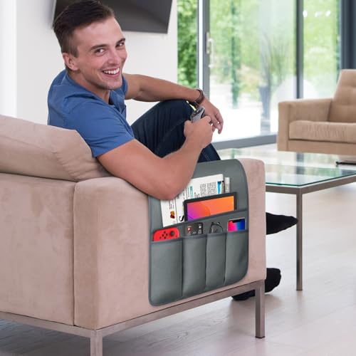 Remote Control Holder for Armchair Caddy, Remote Holder with 5 Pockets - color: Gray, size: 35"x12.4"