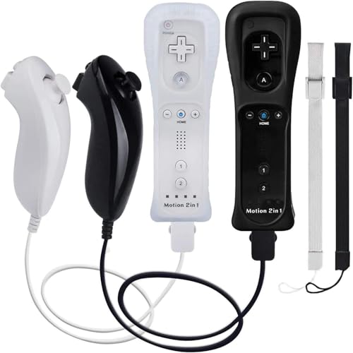 TechKen Motion Plus Wii Controllers 2Packs with Nunchucks, Wii Remote Controllers Compatible for wii and Wii U with Built in Motion Plus - color: black+white