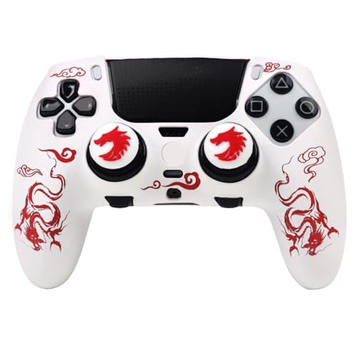 RALAN Dragon Silicone Controller Skins with 2 Thumb Gripsr Compatible with PS5 Dualsense Edge Controller Play Station 5 Accessories, Sweat-Proof Anti-Slip Cover Skin Protecto - color: Dragon White Red