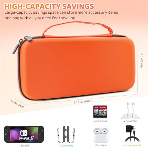 PAWDIARY Switch 2 Carrying Travel Case Orange Bag, with Hard PC Dockable Case Skin Compatible with Nintendo Switch 2 2025 Console, HD Screen Protector and 2 Thumps Caps, Secure Protection - color: Orange