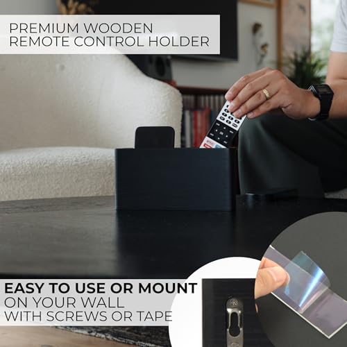 Wooden Remote Control Holder - Adhesive Wall Mount Caddy for 3-4 Remotes - color: Black