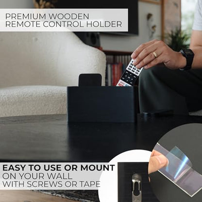 Wooden Remote Control Holder - Adhesive Wall Mount Caddy for 3-4 Remotes - color: Black
