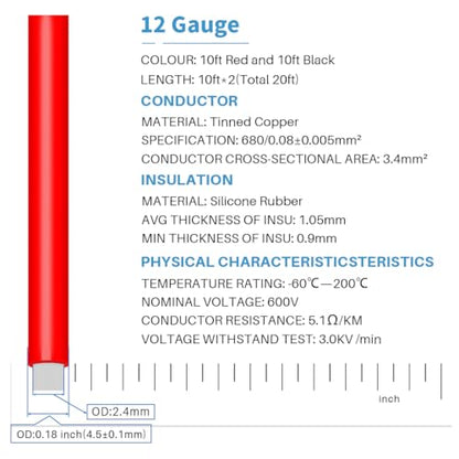 BNTECHGO 12 AWG Silicone Wire Red Black 10ft Stranded Tinned Copper Wire - color: silicone wire red and black, size: 12 gauge silicone wire each color 10 ft