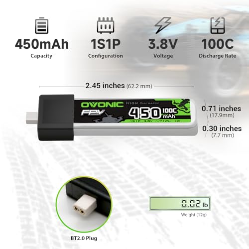 OVONIC 1S LiPo Battery 450mAh 100C HV 3.8V with BT2.0 Connector for FPV Tiny Whoop (4pcs)