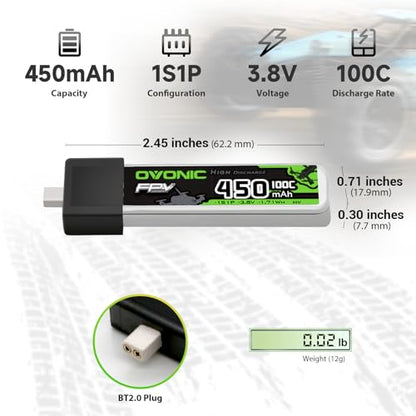 OVONIC 1S LiPo Battery 450mAh 100C HV 3.8V with BT2.0 Connector for FPV Tiny Whoop (4pcs)