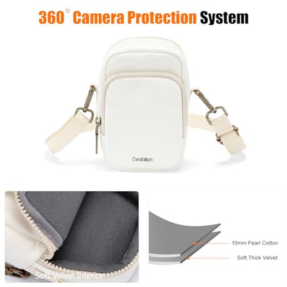 Cwatcun Mini PU Leather Sling Bag, Crossbody/Waist Case for Digital Cameras - color: White