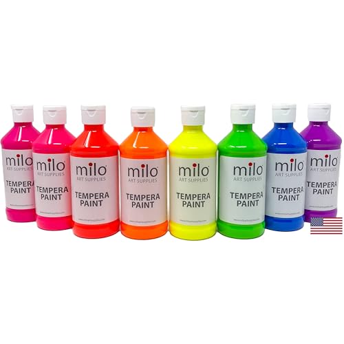 milo Fluorescent Washable Tempera Paint Set, 8 Neon UV Colors, 8 oz Bottles - style: Fluorescent Tempera 8 x 8 oz Bottles