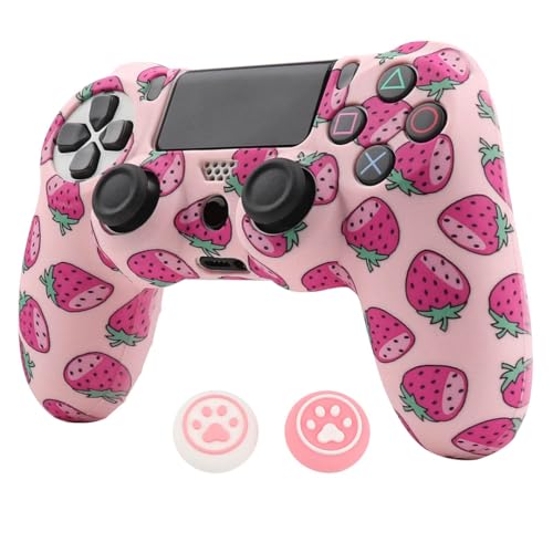 RALAN Pink Controller Skins for PS4,Fruit Silicone Controller Cover Skin Protector Compatible /PS4 Slim/PS4 Pro Controller with 2 Cute Thumb Grips Caps… - color: Pink