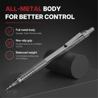 WUO 0.7mm Mechanical Pencil Set, 3 Pack Grey Metal Drafting Pencils - color: Grey, size: 0.7