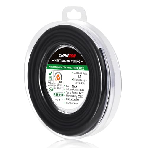 Chanzon 1/8 inch (3mm) Heat Shrink Tubing Marine 2:1 Ratio Black 80Ft