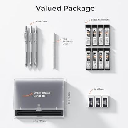 Nicpro 0.9 mm Metal Mechanical Pencil Set with Case - color: Silver, style: 0.9 MM