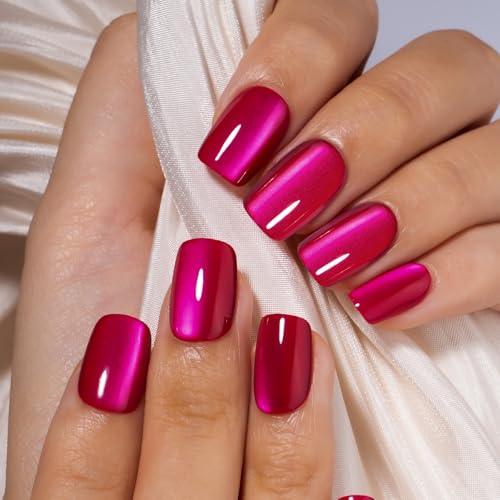 CurvLife Short Square Press On Nails, Chrome Hot Pink, Soft Gel - color: Chrome hot pink