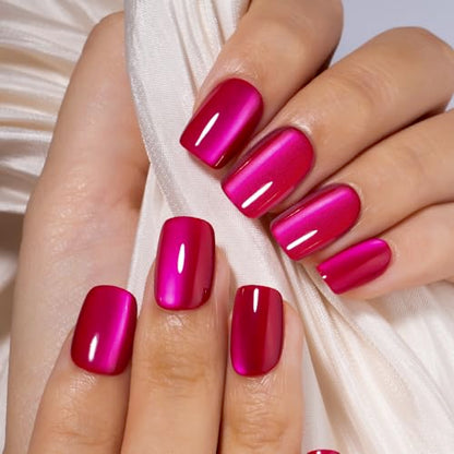 CurvLife Short Square Press On Nails, Chrome Hot Pink, Soft Gel - color: Chrome hot pink