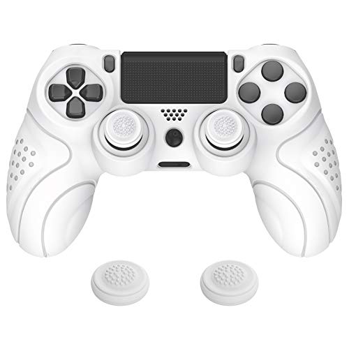 PlayVital Guardian Edition White Ergonomic Soft Anti-Slip Controller Silicone Case Cover for PS4 Slim/Pro, Rubber Protector with White Joystick Caps - color: White
