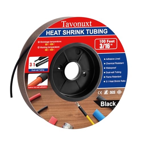 3/16" 100ft 3:1 Heat Shrink Tubing with Adhesive Lining - Marine Grade, Ideal for Home, Automotive, and Industrial Use - Black - size: 3/16 Inch, style: 100ft - Black