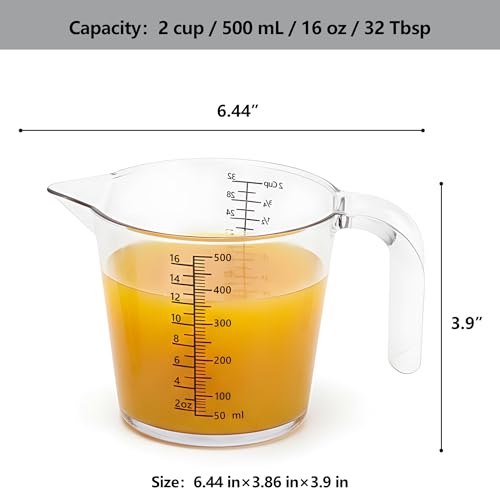 2 Cup (500ml) Measuring Cup, Laser-Etched oz/cup/mL/Tbsp, Plastic Measuring Cup with Handle for Cooking, Mixing & Kitchen Use - size: 02 - 16 fl oz (2 Cup)