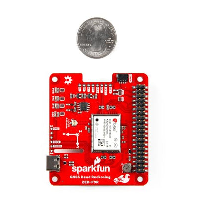 SparkFun GPS-RTK Dead Reckoning pHAT for Raspberry Pi, 3D IMU Sensor, Wheel Ticks, a Vehicle Dynamics Model, Correction Data, and GNSS Measurements. Dimensions: (2.56" x 2.22")