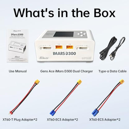 Lipo Battery Charger, Gens Ace Charger IMARS D300 G-Tech Series Smart Dual Lipo Balance Charger 16A AC 300W DC 700W (350W*2) RC Battery Charger for 1s~6s Lipo Batteries Life NiCd MH LiHV (White) - color: White