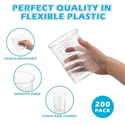 200 Pack Plastic Mixing Cups 20 oz (600ml) Disposable Measuring Cups with 200 Pcs Wooden Mixing Sticks Measurement Ratios: 2: 1, 3: 1, 4: 1 for Epoxy Resin, Liquid Measuring, and Paint