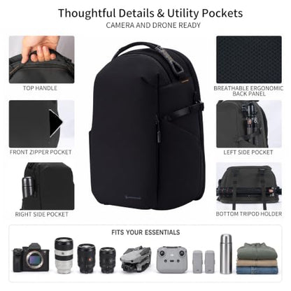 Besnfoto Lightweight Camera Backpack - Everyday Laptop Bag for DSLR Drone - color: Black, size: 16L