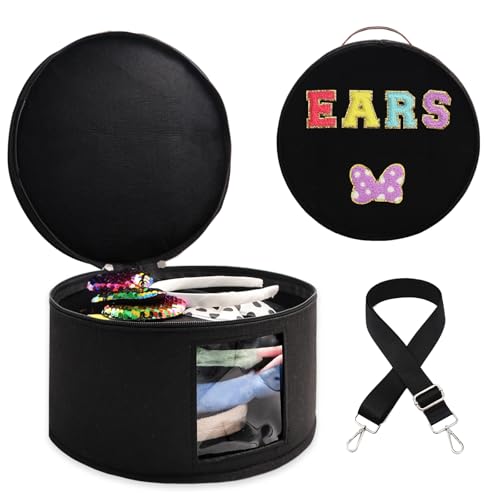 Chenille Letter Bow Mouse Ears Travel Case, Large Round Tote Storage Box - color: Black Chenille Letters