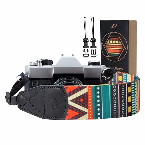 Padwa Lifestyle Bohemian Camera Strap - 2" Wide Genuine Leather Ends Camera Straps for Photographers, Vintage Boho Print Nylon Weave Strap with Camera Quick Release fits All Cameras - color: Bohemian