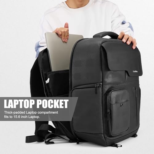 Cwatcun Camera Backpack Large PU Leather, DSLR Bag Case with Tripod Holder - color: Black, size: 9.0 Large