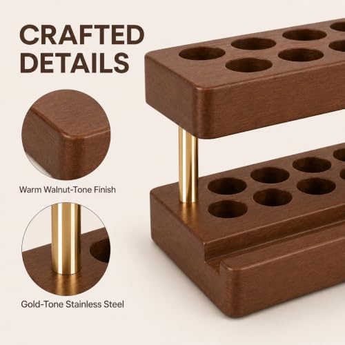 Pen Holder for Desk, Pencil Organizer, Fountain Pen Display Stand - color: Double-row - Walnut