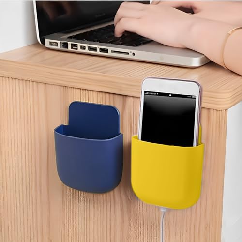 2 Pack Wall Mount Remote Control Holder Self Adhesive Organizer for Remote Phone Pen Makeup Brush Storage Box for Home Office - color: Blue + Yellow