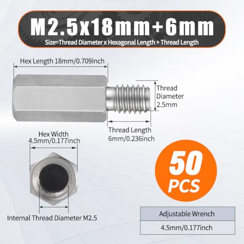 Hex Male-Female Standoffs, M2.5x18+6mm Standoff 50-Pcs 303 Stainless Steel - size: M2.5x18+6mm