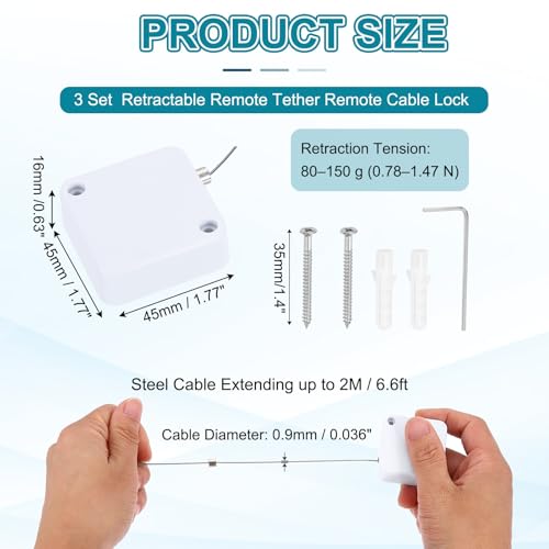 PATIKIL Retractable Remote Control Cable Tether (6.6ft /2M, White)(3 Set) Remote Control Security Lanyard Lock Adjustable Locking Leash with Round Iron Cap and Screws, Suit for - Tablets - color: White, size: 6.6 ft