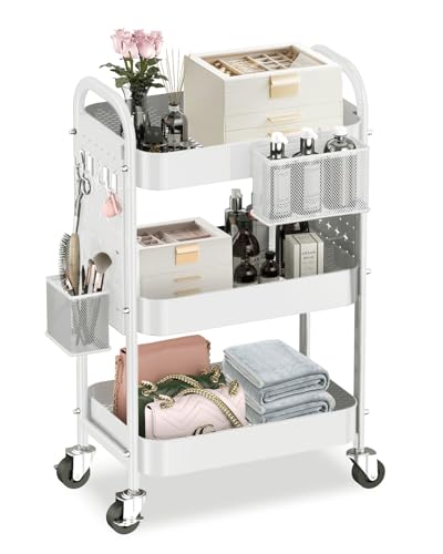 ALVOROG 3 Tier Metal Rolling Utility Cart with Pegboards,Baskets,Hook,White - color: White