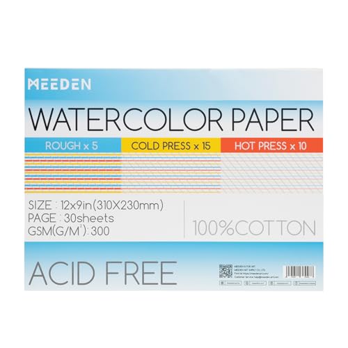 MEEDEN Cotton Watercolor Paper Block: 3 Textures 9" x 12" of 30 Sheets - size: 9×12"