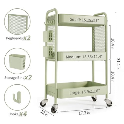 TOOLF 3 Tier Rolling Cart, Metal Utility Storage Cart with Pegboard, Green - color: Green, size: 3-Tier