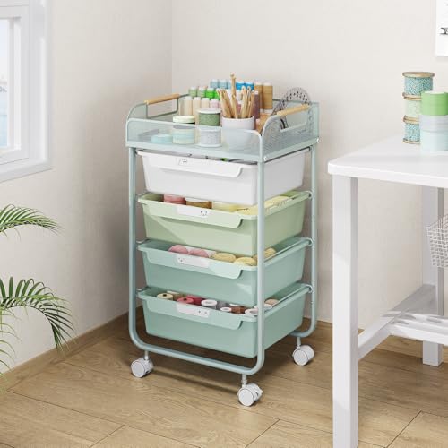 SYKIARIOL 4-Drawer Rolling Storage Cart with Mesh Top,Green - color: Gradient Green