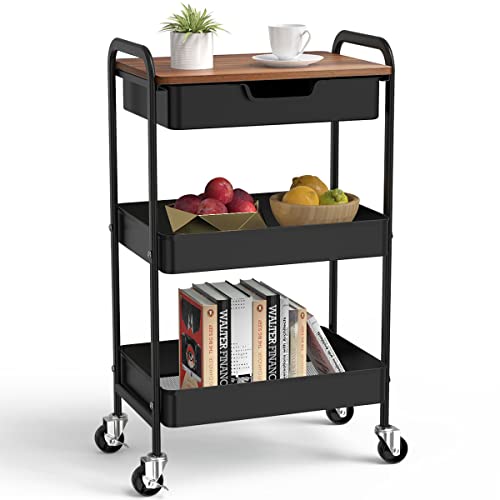 3 Tier Rolling Cart with Drawer, Metal Utility Cart with Table Top - color: Black