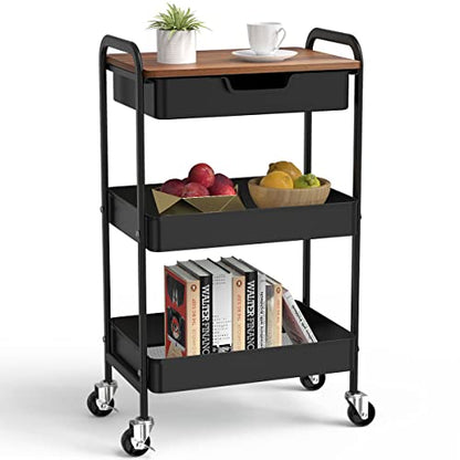 3 Tier Rolling Cart with Drawer, Metal Utility Cart with Table Top - color: Black