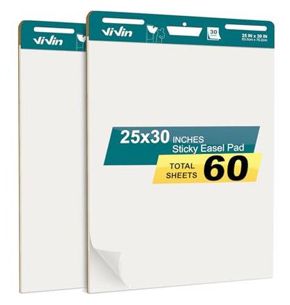 ViVin Sticky Easel Pad, 25 x 30 In Chart Paper, 30 Sheets/Pad, 2 Pads/Pack - size: Blank/ 2 Pack