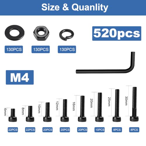 520Pcs M4 Screw Kit, Hex Socket Head Cap M4 Screws, M4 Bolts Nuts Washers - color: Black, size: Black M4 (520 Pcs)