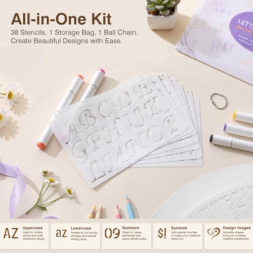 22 Fonts 13 Sizes (0.25"-2") Small Letter Stencils for Painting, 38Pcs Reusable Alphabet & Number Stencils in Script & Cursive for Wood Crafts