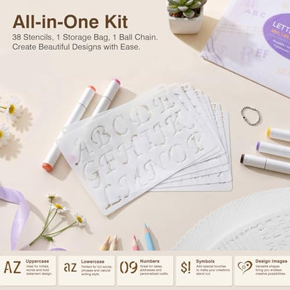 22 Fonts 13 Sizes (0.25"-2") Small Letter Stencils for Painting, 38Pcs Reusable Alphabet & Number Stencils in Script & Cursive for Wood Crafts