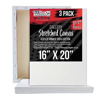 U.S. Art Supply 16"x20" Stretched Canvas for Painting, Gallery Depth 3-Pack - size: 16" x 20"