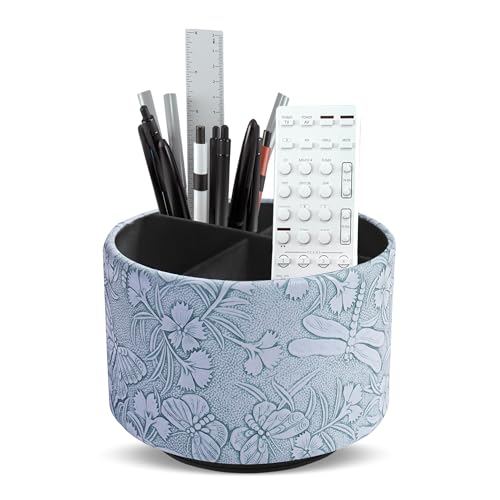 Round Leather Art Supply Organizer,Remote Control Holder,360-degree Rotating Pen Organizer with 4 Compartments(1-Butterfly Blue) - color: 1-3Butterfly Blue