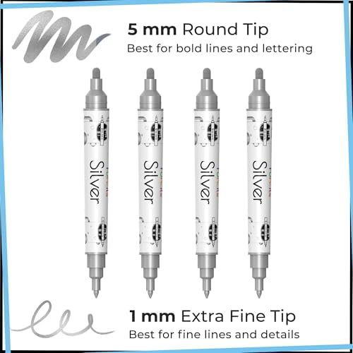 4 Metallic Silver Paint Pen, Acrylic (Dual Tip) - Fine Tip & Medium - color: Silver