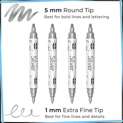 4 Metallic Silver Paint Pen, Acrylic (Dual Tip) - Fine Tip & Medium - color: Silver