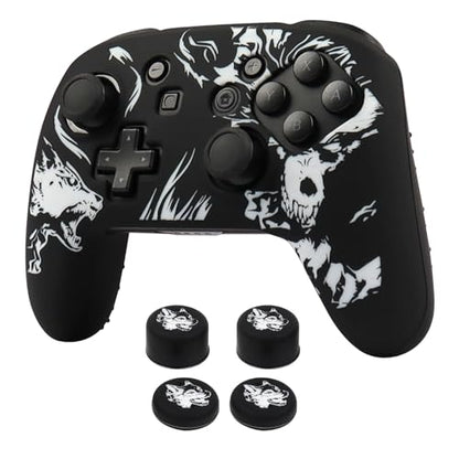 Wolf Controller Skin Cover for NS Switch Pro Controller, RALAN 1 Controller Skin+4 Customised Thumb Grips Caps Accessories - color: Wolf Black White