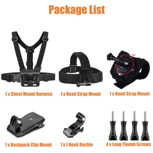 Accessories Kit for Action Camera, Chest Strap Harness + Head Strap Mount + 360° Rotating Hand Strap Mount and Backpack Clip Holder, 4 in 1 Universal Adjustable Sport Camera Accessories Kit