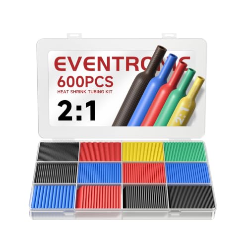 Eventronic 600PCS Heat Shrink Tubing 2:1, Electrical Wire Cable Wrap Assortment Electric Insulation Heat Shrink Tube Kit with Box(5 colors/12 Sizes), Black, Red, Blue, Yellow, Green