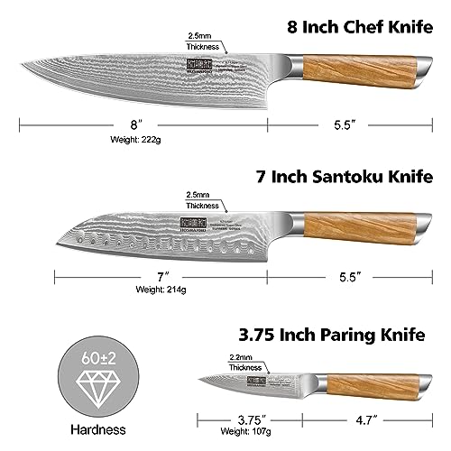 HOSHANHO Damascus Kitchen Knife Set 3PCS, Sharp Chef/Santoku/Fruit Knives - style: 3 Pieces Knife Set