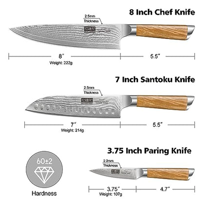 HOSHANHO Damascus Kitchen Knife Set 3PCS, Sharp Chef/Santoku/Fruit Knives - style: 3 Pieces Knife Set